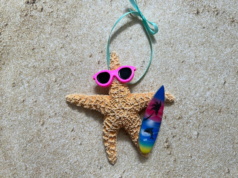 Sugar Starfish Surfer Ornaments, Fun Beach Themed Christmas Tree Ornaments, Surfboard Gift Ideas Blue Pink Sunset