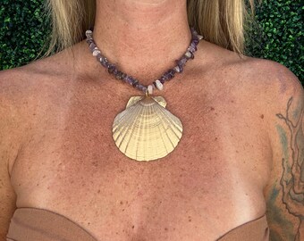 Natural Seashell Chucky Necklace, Boho Beach Seashell Necklace, Beaded Shell Necklace, Purple Amethyst Seashell Necklace