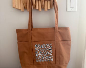 Large Brown Tote Bag with Hebrew Cone Shell Print