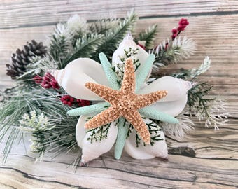 Small White Aqua Seashell Christmas Tree Topper: Coastal Holiday Decor