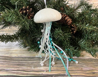 Large Pearl White Urchin Jellyfish Christmas Ornament, Beach Theme Decoration Jelly Fish Christmas Ornament, XL Holiday Beach Decorations