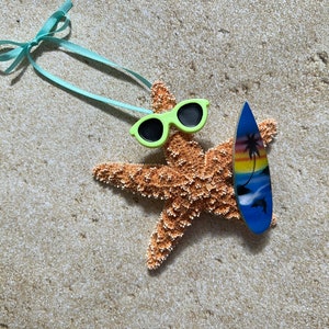 Sugar Starfish Surfer Ornaments, Fun Beach Themed Christmas Tree Ornaments, Surfboard Gift Ideas Blue Sunset Surf