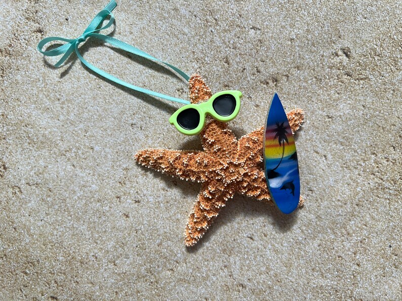 Sugar Starfish Surfer Ornaments, Fun Beach Themed Christmas Tree Ornaments, Surfboard Gift Ideas Blue Sunset Surf