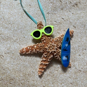 Sugar Starfish Surfer Ornaments, Fun Beach Themed Christmas Tree Ornaments, Surfboard Gift Ideas Blue Surfboard