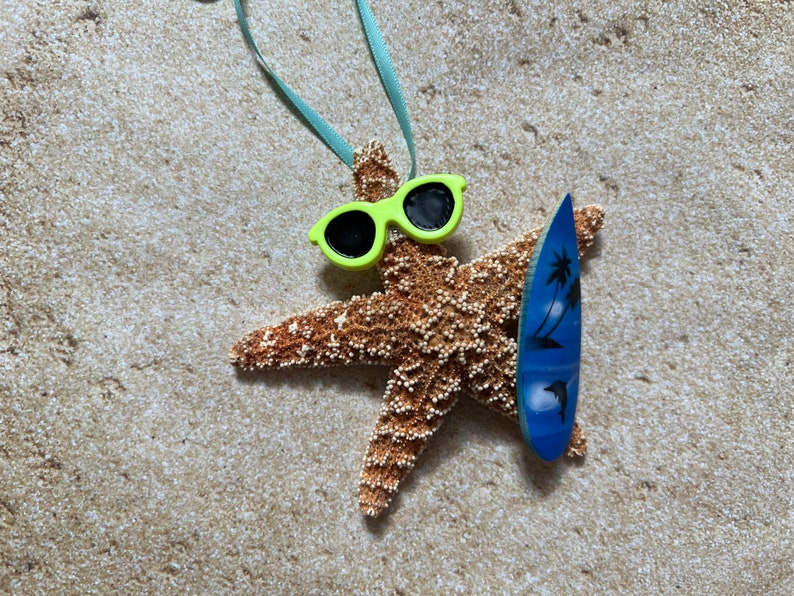 Sugar Starfish Surfer Ornaments, Fun Beach Themed Christmas Tree Ornaments, Surfboard Gift Ideas Blue Surfboard