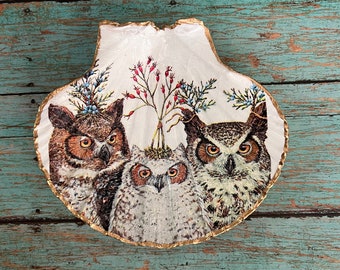 Coastal Christmas Owls Beach Accent Trinket Dish, Winter Tree Ring Dish, Owl Trinket Dish, Holiday Nature Beach Decoration, Snowy Owls
