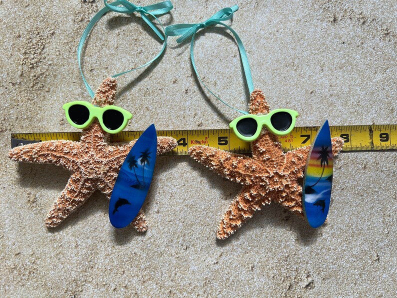 Sugar Starfish Surfer Ornaments, Fun Beach Themed Christmas Tree Ornaments, Surfboard Gift Ideas image 9