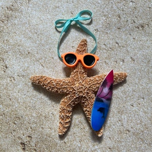 Sugar Starfish Surfer Ornaments, Fun Beach Themed Christmas Tree Ornaments, Surfboard Gift Ideas Pink Blue Surf-Orang