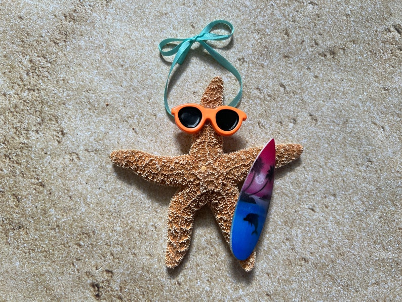 Sugar Starfish Surfer Ornaments, Fun Beach Themed Christmas Tree Ornaments, Surfboard Gift Ideas Pink Blue Surf-Orang