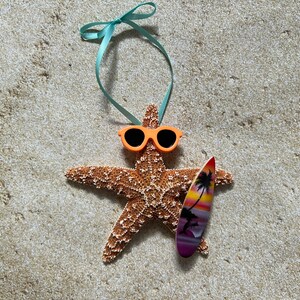 Sugar Starfish Surfer Ornaments, Fun Beach Themed Christmas Tree Ornaments, Surfboard Gift Ideas Purple Surfboard