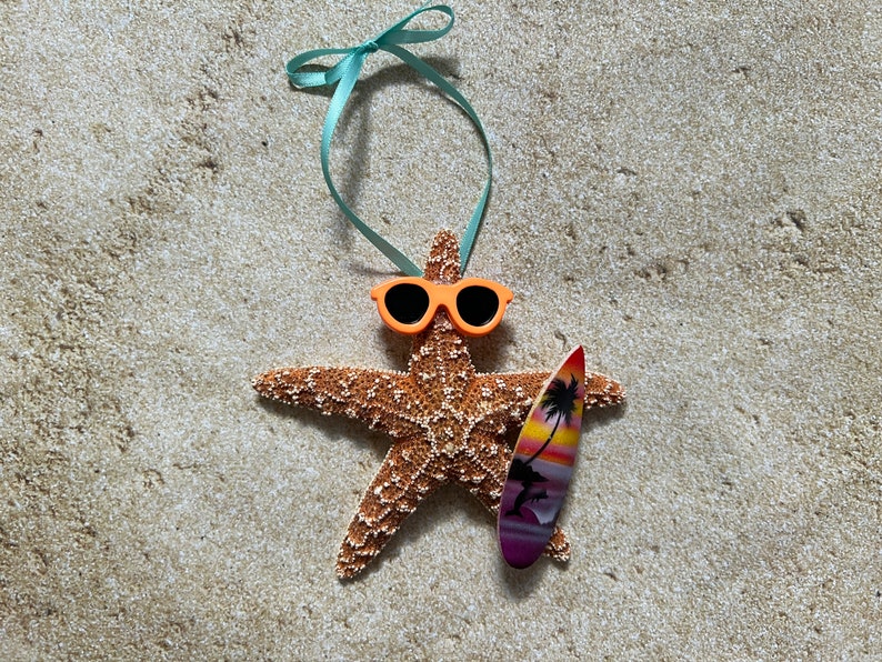 Sugar Starfish Surfer Ornaments, Fun Beach Themed Christmas Tree Ornaments, Surfboard Gift Ideas Purple Surfboard