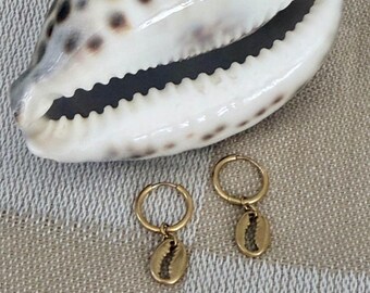Gold Cowrie Seashell Huggie Earrings: Tarnish Free Waterproof