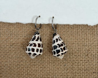 Real Natural Large Black and White Hebrew Seashell Silver Huggie Earrings: waterproof Hawaiian Earrings