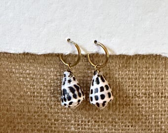 Real Natural Black and White Hebrew Seashell Gold Huggie Earrings: waterproof Hawaiian Earrings