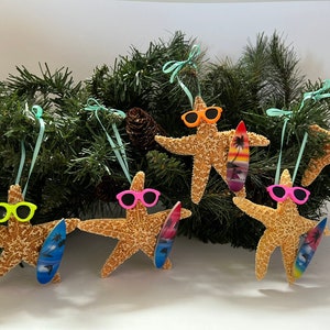 Sugar Starfish Surfer Ornaments, Fun Beach Themed Christmas Tree Ornaments, Surfboard Gift Ideas