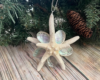 Natural Starfish and Seashell Coastal Christmas Tree Ornament, Double Starfish Ornament, Beachy Christmas Decoration