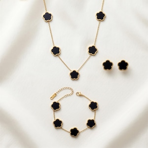 Gold Plated Floral Jewellery Set, Stainless Steel Necklace Bracelet Earrings Set, Minimalist Flower Jewellery Gift for her