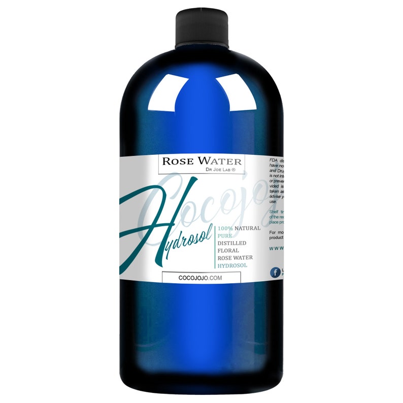 May include: A blue glass bottle of rose water hydrosol. The label reads "Rose Water Hydrosol" with the brand name "Dr. Joe Lab" and the website "cocojojo.com".