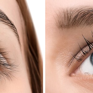 May include: Close-up of a woman's eye before and after eyelash extensions. The left eye shows natural eyelashes, while the right eye has long, dark lashes.