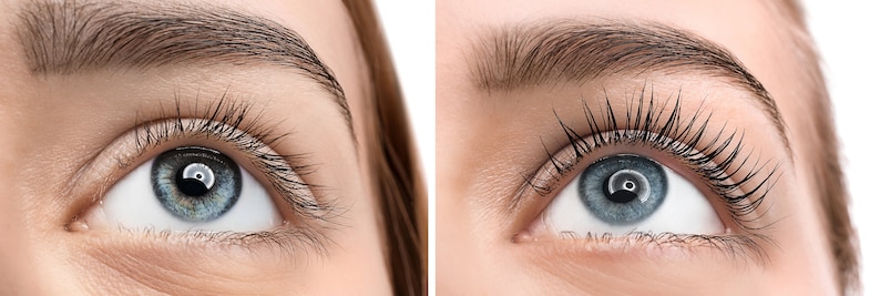 May include: Close-up of a woman's eye before and after eyelash extensions. The left eye shows natural eyelashes, while the right eye has long, dark lashes.