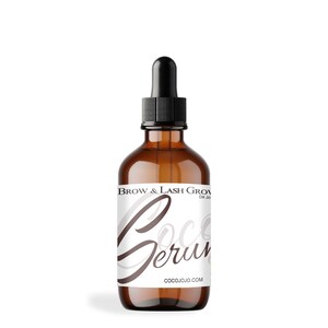 May include: A brown glass bottle with a black dropper top. The label reads "Brow & Lash Grow Coco Serum" and "cocojojo.com".