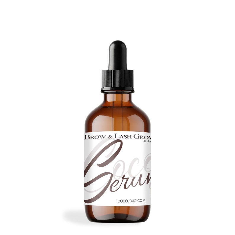 May include: A brown glass bottle with a black dropper top. The label reads "Brow & Lash Grow Coco Serum" and "cocojojo.com".