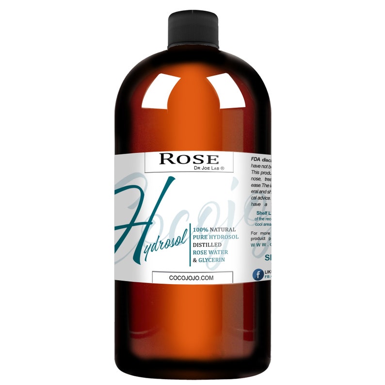 Puede incluir: Una botella de vidrio marr&oacute;n con una etiqueta blanca que dice "ROSE Dr Joe Lab&reg;" y "100% NATURAL PURE HYDROSOL DISTILLED ROSE WATER & GLYCERIN COCOJOJO.COM".