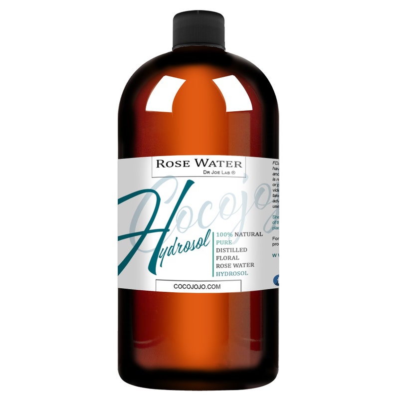 May include: A brown glass bottle with a white label that reads "ROSE WATER Dr. Joe Lab&reg; Cocojo Hydrosol 100% NATURAL PURE DISTILLED FLORAL ROSE WATER HYDROSOL COCOJOJO.COM".
