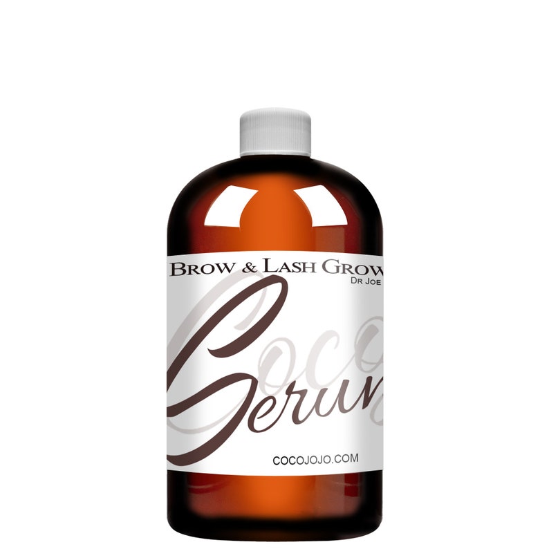 May include: A brown glass bottle with a white label that says "Brow & Lash Grow Dr. Joe Coco Serum COCOJOJO.COM".