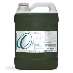 May include: A gallon jug of green pumpkin seed oil with a white label that reads "Pumpkin Seed Oil" and "Cocojojo.com". The label also includes the text "Natural Unrefined Cold Pressed Pumpkin Seed Oil".
