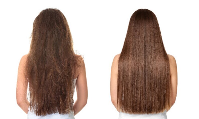 May include: Before and after photo showing the difference in hair texture. The hair on the left is frizzy and dry, while the hair on the right is smooth and shiny.