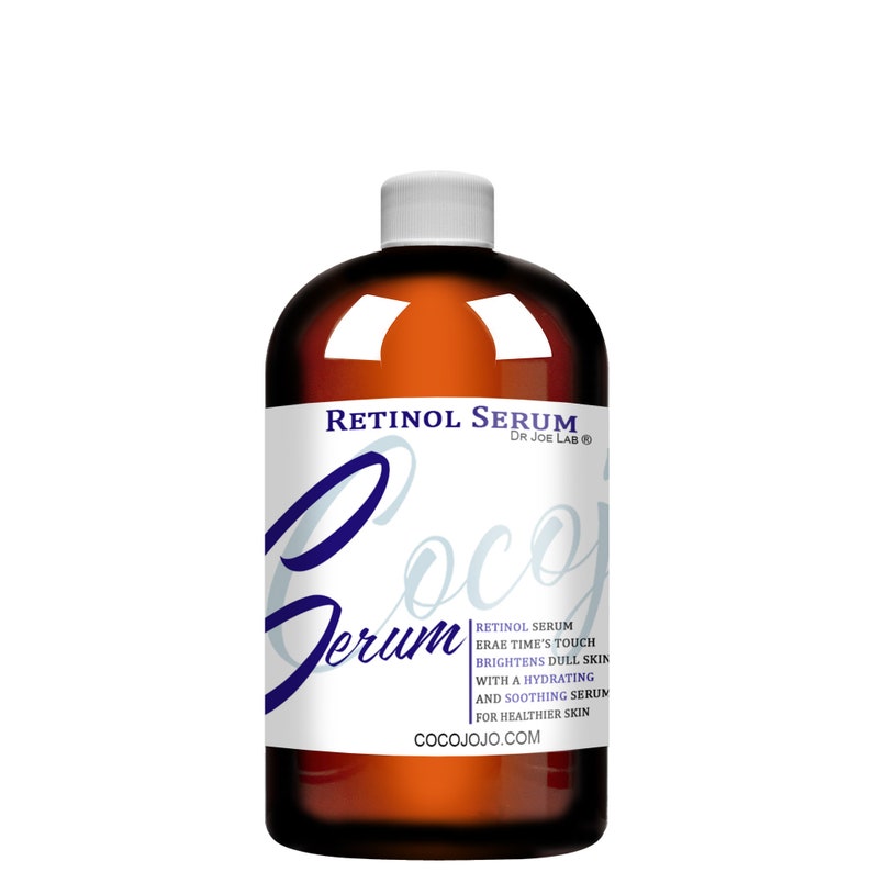 May include: A brown glass bottle with a white cap and a white label. The label says "Retinol Serum Dr Joe Lab&reg;" and "Cocoj Serum". The label also says "Retinol Serum Erae Time's Touch Brightens Dull Skin With a Hydrating and Soothing Serum for Healthier Skin Cocojojo.com".