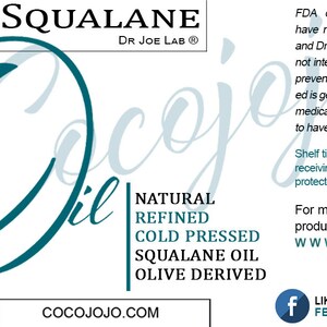 May include: A 32 ounce bottle of natural, refined, cold-pressed squalane oil derived from olives. The bottle is labeled with the brand name "Cocojojo" and the text "Squalane Dr. Joe Lab&reg;".