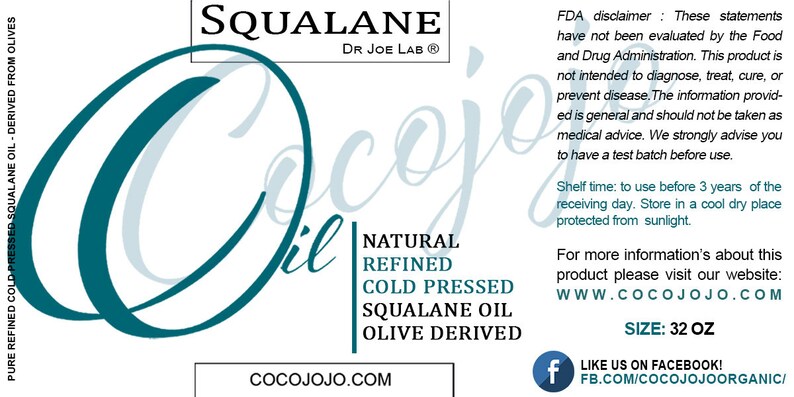 May include: A 32 ounce bottle of natural, refined, cold-pressed squalane oil derived from olives. The bottle is labeled with the brand name "Cocojojo" and the text "Squalane Dr. Joe Lab&reg;".