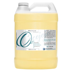 May include: A gallon jug of clear, light yellow Baobab Oil, labeled "Natural Unrefined Cold Pressed Baobab Oil" with the brand name "Baobab Dr Joe Lab" and the website cocojojo.com. The label also includes an FDA disclaimer and information about shelf life and storage.