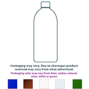 K&ouml;nnte beinhalten: Eine Strichzeichnung einer durchsichtigen Plastikflasche mit einem Verschluss. Der Text unter der Flasche lautet: "Die Verpackung kann variieren. Aufgrund von Engp&auml;ssen kann das erhaltene Produkt von dem beworbenen abweichen. Die Farbe der Verpackung kann von blau, bernsteinfarben, natur, klar, wei&szlig; oder gr&uuml;n abweichen."