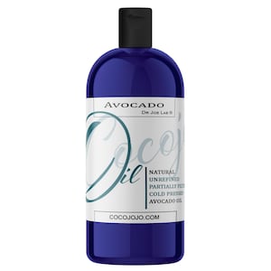 May include: A blue bottle of avocado oil with a white label that reads "Avocado Oil, Natural Unrefined Partially Filtered Cold Pressed Avocado Oil, Cocojojo.com, Dr. Joe Lab".