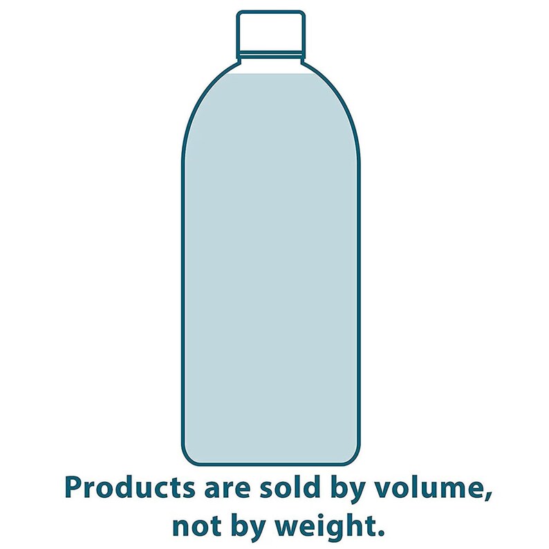 May include: A light blue bottle with a white cap and a dark blue outline. The bottle is filled with a light blue liquid. Text at the bottom reads: Products are sold by volume, not by weight.
