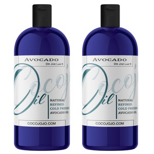 May include: Two blue bottles of avocado oil labeled "Avocado Oil Dr. Joe Lab" with the text "Natural Refined Cold Pressed Avocado Oil" and "cocojojo.com" on the label.