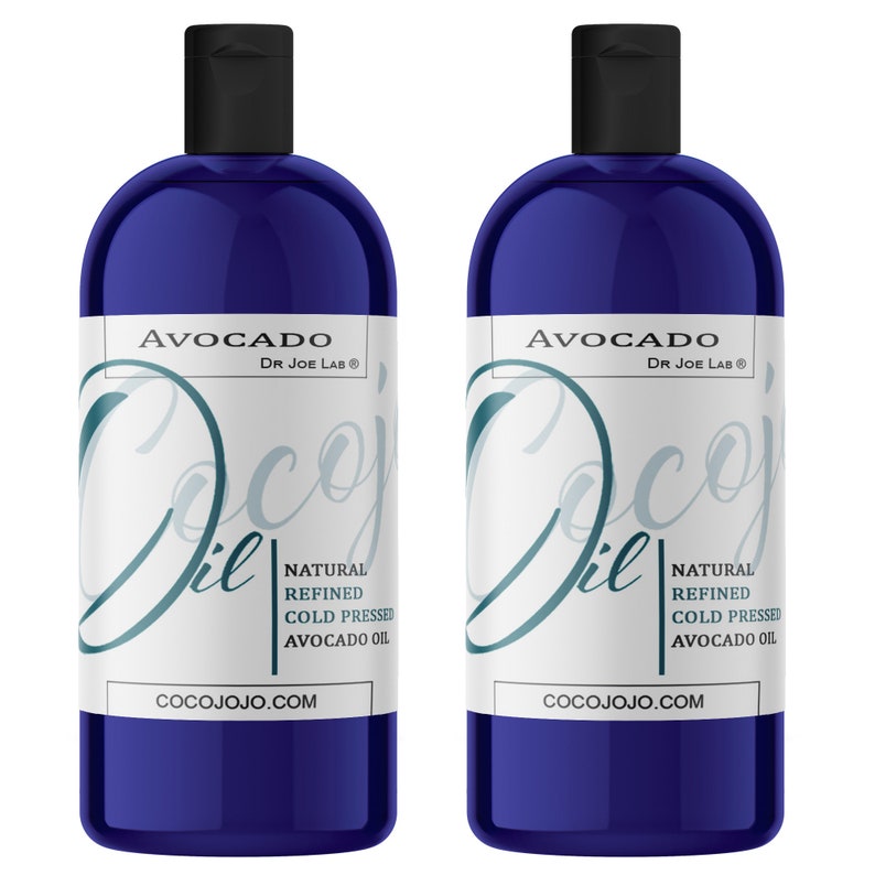 May include: Two blue bottles of avocado oil labeled "Avocado Oil Dr. Joe Lab" with the text "Natural Refined Cold Pressed Avocado Oil" and "cocojojo.com" on the label.