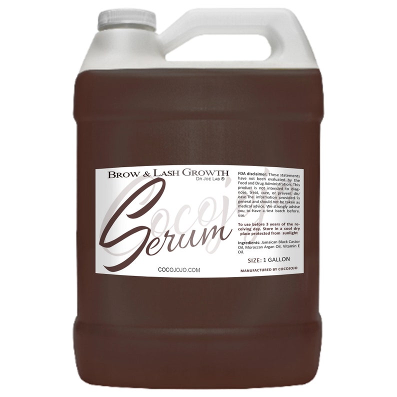 May include: A gallon-sized bottle of Cocojojo Brow & Lash Growth Serum. The bottle is brown and has a white label with the product name, company name, and ingredients. The label also includes an FDA disclaimer and instructions for use.