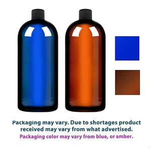 May include: Two tall, rounded bottles with black caps, one blue and one amber. Beside them are color swatches of blue and brown. The text at the bottom states that packaging may vary and the color may vary from blue or amber.