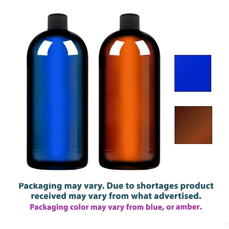 May include: Two tall, rounded bottles with black caps, one blue and one amber. Beside them are color swatches of blue and brown. The text at the bottom states that packaging may vary and the color may vary from blue or amber.