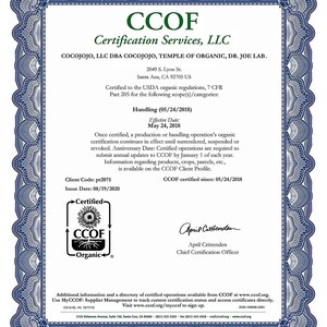 May include: A CCOF organic certification for a handling operation, issued to Cocojojo, LLC DBA Cocojojo, Temple of Organic, Dr. Joe Lab. The certificate is dated August 19, 2020, and states that the operation has been certified since May 24, 2018. The certificate features the CCOF logo with the words "Certified" and "Organic".