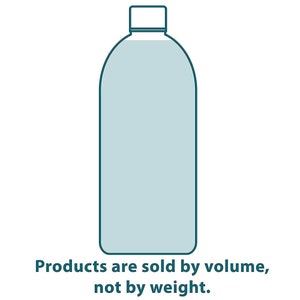 May include: A teal blue outline of a clear plastic bottle with a white cap. The text below the bottle reads "Products are sold by volume, not by weight."