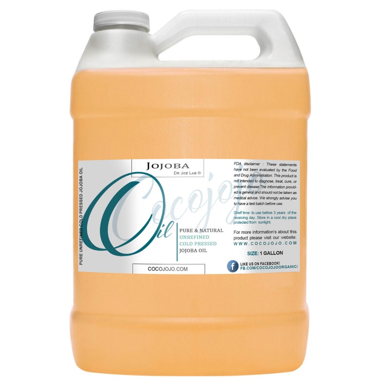 May include: A gallon jug of unrefined cold-pressed jojoba oil. The label reads "Jojoba Oil, Pure & Natural, Unrefined Cold Pressed Jojoba Oil, Cocojojo.com".