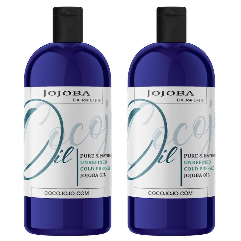 May include: Two blue bottles of Jojoba oil, labeled "Jojoba Oil" with the text "Pure & Natural Unrefined Cold Pressed Jojoba Oil" and "Cocojojo.com".