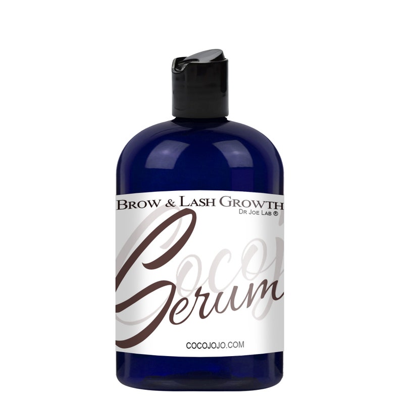 May include: A blue bottle with a black cap and a white label that says "Brow & Lash Growth Dr. Joe Lab&reg; Coco Serum COCOJOJO.COM".