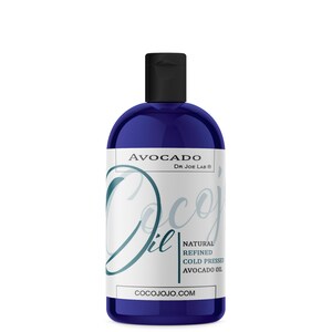 May include: A blue bottle of Dr. Joe Lab Avocado Oil. The bottle has a white label with the text "Avocado Oil" and "Natural Refined Cold Pressed Avocado Oil". The label also includes the website "cocojojo.com".