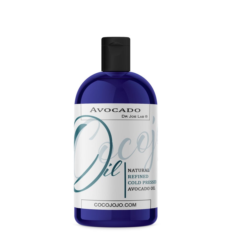 May include: A blue bottle of Dr. Joe Lab Avocado Oil. The bottle has a white label with the text "Avocado Oil" and "Natural Refined Cold Pressed Avocado Oil". The label also includes the website "cocojojo.com".